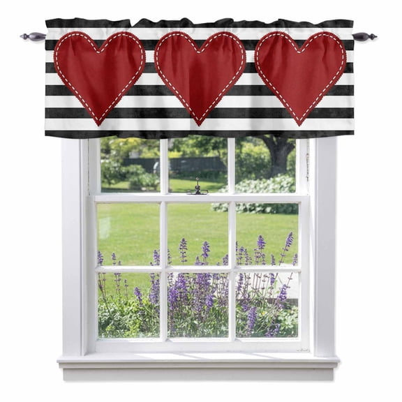 Valentine's Day Valances for Windows, Retro Red Love Heart Black White Striped Valance Window Treatment Rod Pocket Short Curtains Valances for Kitchen Bathroom 54"W x 18"L