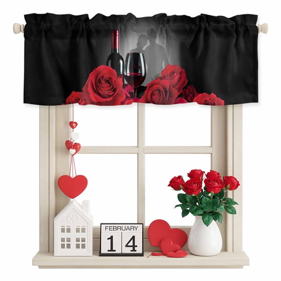 Valentine's Day Valances for Windows, Romantic Couple Lover Shadow Red Roses Floral Red Wine Rod Pocket Valance Short Window Treatments Curtains for Kitchen Bathroom Bedroom Decor, 42 x 12 Inches