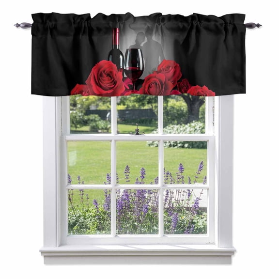 Valentine's Day Valances for Windows, Romantic Couple Lover Shadow Red Roses Floral Red Wine Valance Window Treatment Rod Pocket Short Curtains Valances for Kitchen Bathroom 54"W x 18"L