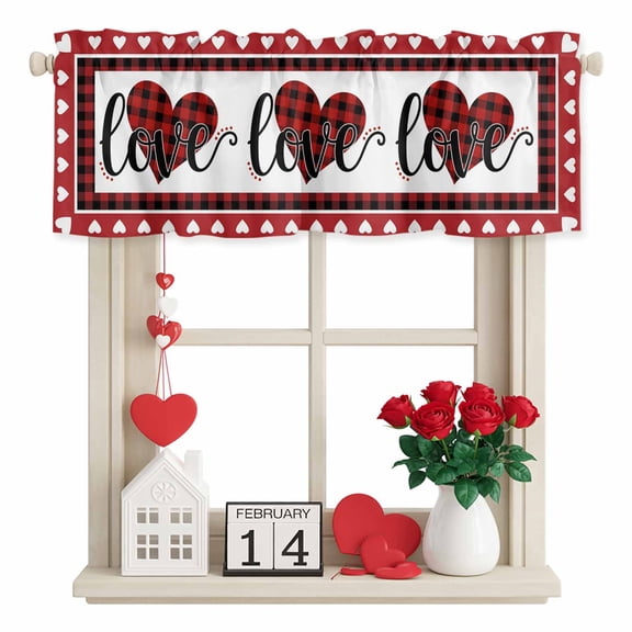 Valentine's Day Valances for Windows, Romantic Red Buffalo Plaid Love Heart Border Rod Pocket Valance Short Window Treatments Curtains for Kitchen Bathroom Bedroom Decor, 54 x 18 Inches