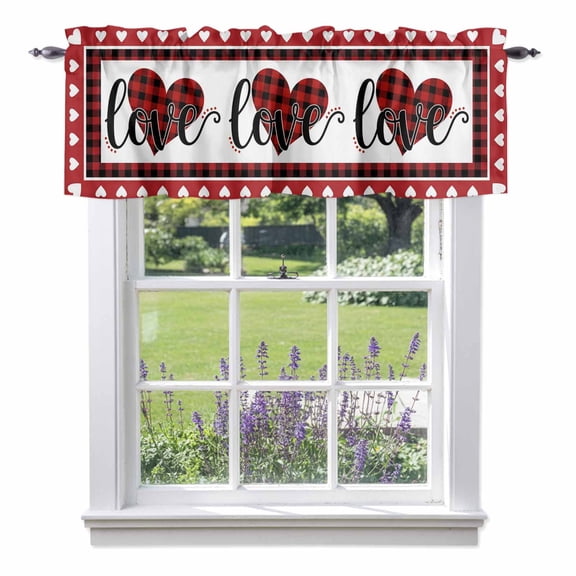Valentine's Day Valances for Windows, Romantic Red Buffalo Plaid Love Heart Border Valance Window Treatment Rod Pocket Short Curtains Valances for Kitchen Bathroom 54"W x 18"L