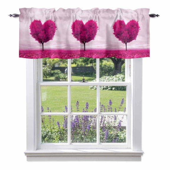 Valentine's Day Valances for Windows, Romantic Spring Pink Maple Leaf Love Heart Tree Pink Valance Window Treatment Rod Pocket Short Curtains Valances for Kitchen Bathroom 54"W x 18"L