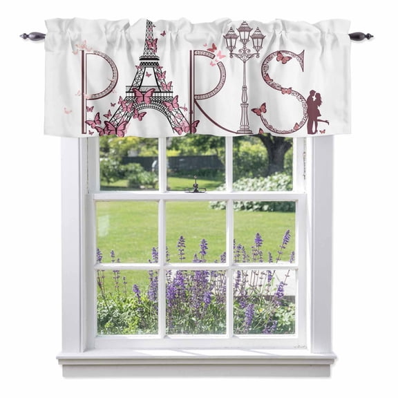 Valentine's Day Valances for Windows, Sweet Couple under Paris Tower Eiffel Pink Butterfly Valance Window Treatment Rod Pocket Short Curtains Valances for Kitchen Bathroom 56"W x 16"L