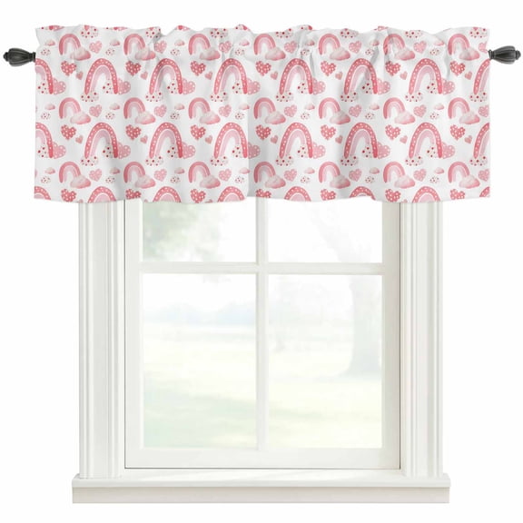 Valentine's Day Valances for Windows Watercolor Spring Pink Rainbow Cloud Love Heart Pink Rod Pocket Curtain Valance Window Treatment Short Curtains for Kitchen Living Room, 42"x12"