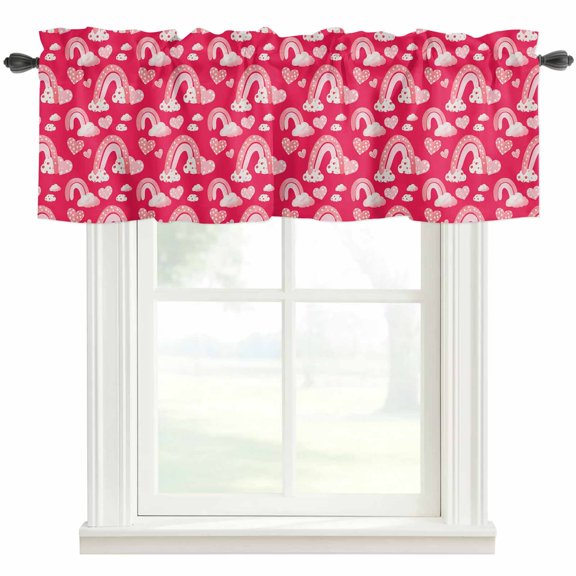 Valentine's Day Valances for Windows Watercolor Spring Pink Rainbow Cloud Love Heart Rose Red Rod Pocket Curtain Valance Window Treatment Short Curtains for Kitchen Living Room, 42"x12"