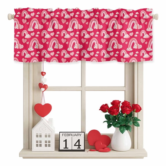 Valentine's Day Valances for Windows, Watercolor Spring Pink Rainbow Cloud Love Heart Rose Red Rod Pocket Valance Short Window Treatments Curtains for Kitchen Bathroom Bedroom Decor, 42 x 12 Inches