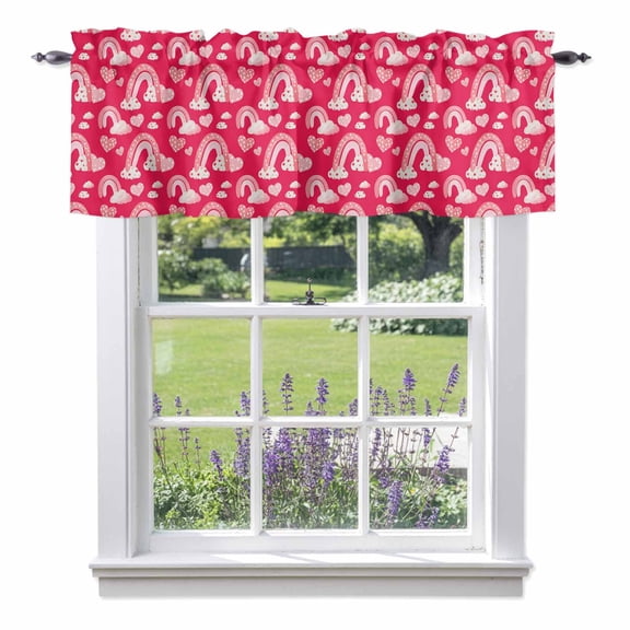 Valentine's Day Valances for Windows, Watercolor Spring Pink Rainbow Cloud Love Heart Rose Red Valance Window Treatment Rod Pocket Short Curtains Valances for Kitchen Bathroom 42"W x 12"L