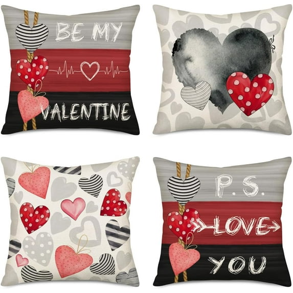 Valentine''s Day Be My Valentine PS Love You Throw Pillow Covers 18 x 18 Inch Grey Red Love Heart Stripes Polka Dot Wedding Pillow Cover Cushion Case Decoration for Sofa Couch Set of 4