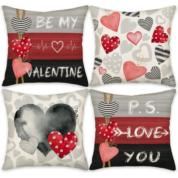 Valentine''s Day Be My Valentine Pillow Covers Set of 4, 18 x 18 Inch Valentines Day Decor Stripes Polka Dot Love Hearts Valentine Throw Pillows Decorative Cushion Case Decoration for Sofa Bed