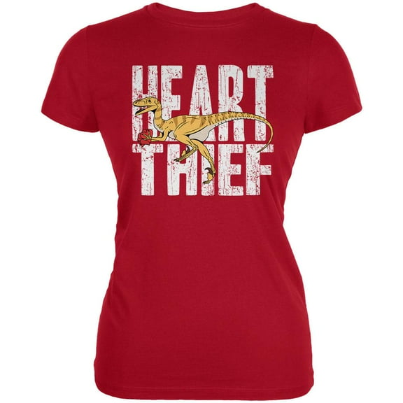 Valentine's Day Velociraptor Heart Thief Dino Juniors Soft T Shirt Red MD