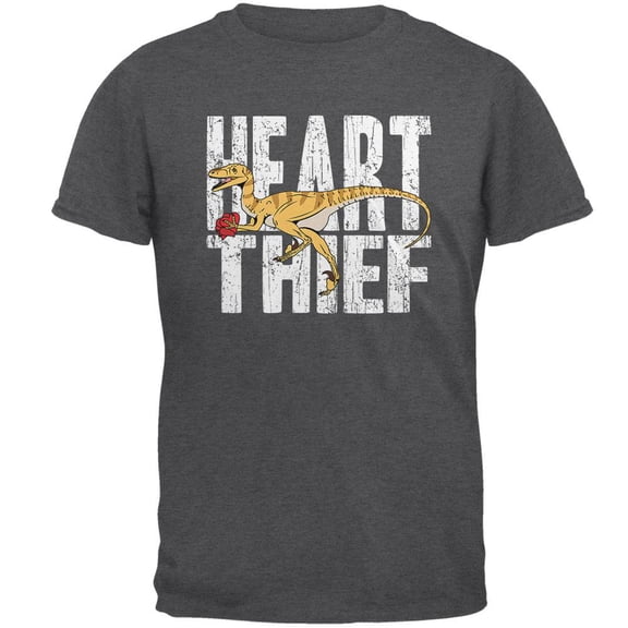 Valentine's Day Velociraptor Heart Thief Dino Mens T Shirt Dark Heather 2XL