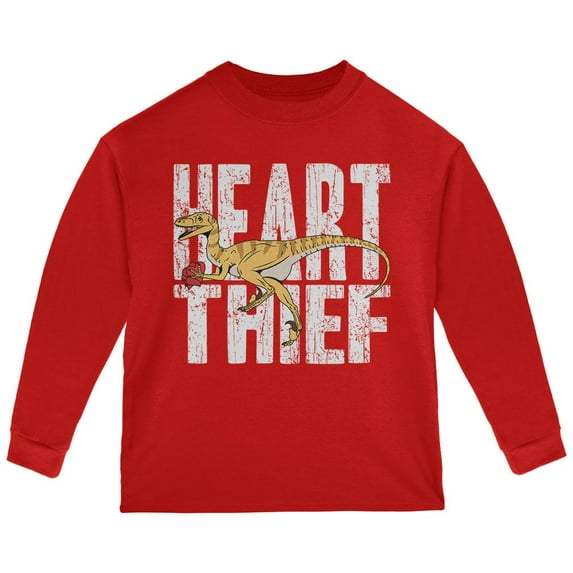 Valentine's Day Velociraptor Heart Thief Dino Toddler Long Sleeve T Shirt Red 3T