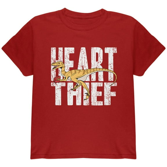 Valentine's Day Velociraptor Heart Thief Dino Youth T Shirt Cardinal Red YXL