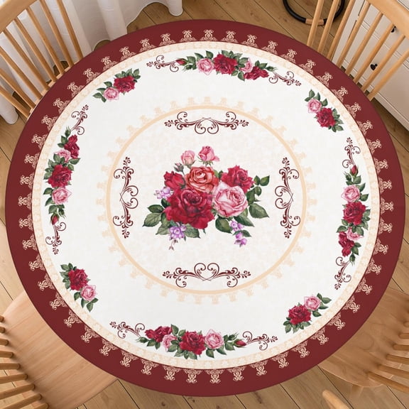 Valentine''s Day Vintage Floral Round Fitted Tablecloth with Elastic Edge Elegant Rose Flower Table Cover for 40"-44" Mothers Day Stretch Table Cloth for Dining Room Party Picnic