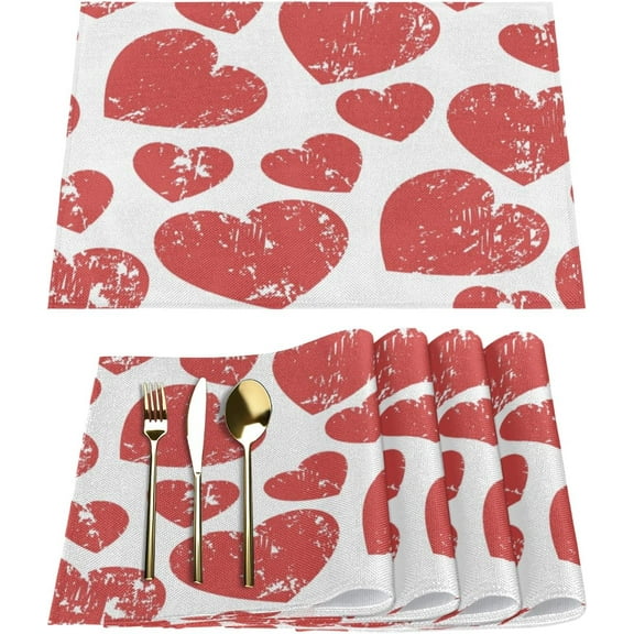 Valentine''s Day Vintage Heart Placemats Set of 6 Fabric Placemats Square Placemat for Kitchen Table Heat Resistant, Easy to Clean Table Placemats 12x18 Inch