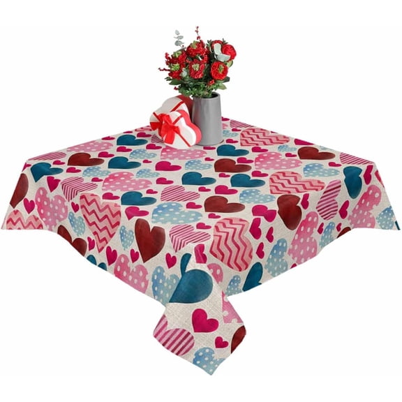 Valentine''s Day Vintage Tablecloth for Round/Square Table 60" x 60" Waterproof Red Blue Pink Love Hearts Table Cover Rustic Linen Style Washable Table Cloth for Dinning Wedding Party Table Decor