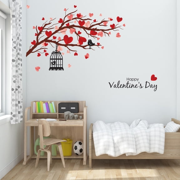 Valentine's Day Wall Decals Love Heart Wall Stickers Valentine's Day Pink Heart Tree Home Bedroom Decor Decals Peel and Stick for Valentines Wedding Anniversary Party Supply,Red
