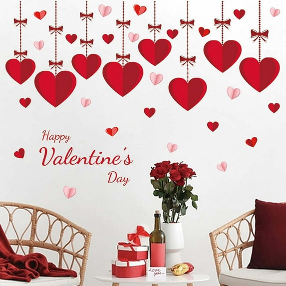 Valentine’s Day Wall Decals Peel and Stick – Hanging Heart Stickers Romantic Love Wall Decor for Living Room Bedroom, Couples Valentine Party Home Decorations