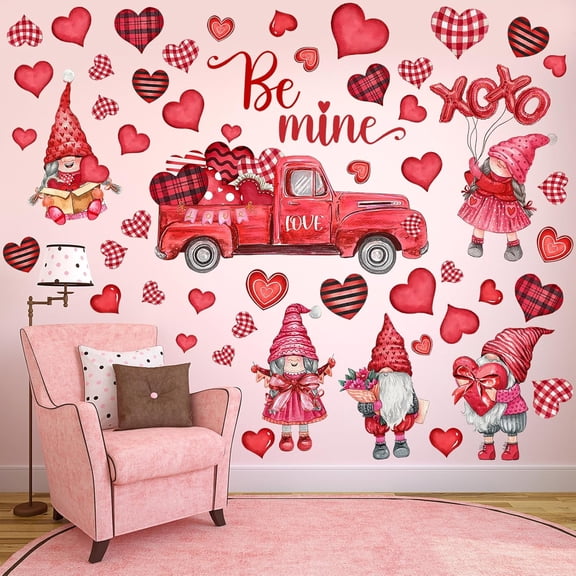 Valentines Day Wall Decals Removable Gnome Wall Stickers Love Heart Pattern Cupid Decal for Living Room Anniversary Party Home Decor