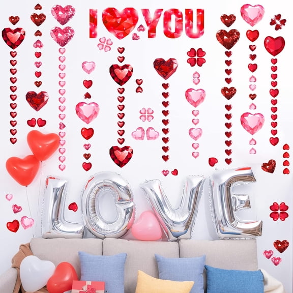 Valentine's Day Wall Decals Removable Heart Home Stickers Red Heart Window Stickers Self Adhesive I Love You Decals for Home Valentine Kitchen Decor