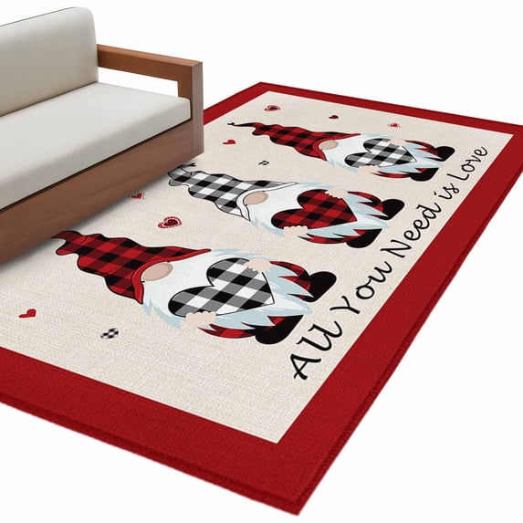 Valentine's Day Washable Area Rug 2.7 x 5 ft Buffalo Plaid Gnomes , Soft Non Slip Rugs Stain Repellent Indoor Felt Carpet for Living Dining Room Bedroom Home Office