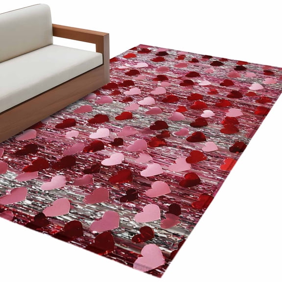 Valentine's Day Washable Area Rug 2.7 x 5 ft Ombre Pink Falling Love Heart Shiny Foil Fringe, Soft Non Slip Rugs Stain Repellent Indoor Felt Carpet for Living Dining Room Bedroom Home Office