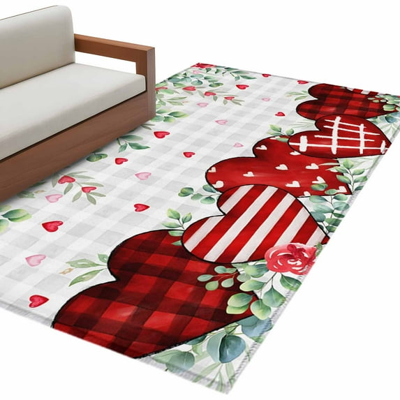 Valentine's Day Washable Area Rug 2.7 x 5 ft Red Heart Green Eucalyptus Roses Petals Plaid, Soft Non Slip Rugs Stain Repellent Indoor Felt Carpet for Living Dining Room Bedroom Home Office