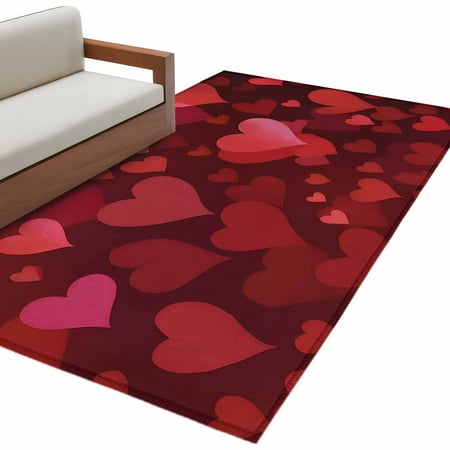 Valentine's Day Washable Area Rug 2.7 x 5 ft Red Love Abstract Heart Romantic Dark Red, Soft Non Slip Rugs Stain Repellent Indoor Felt Carpet for Living Dining Room Bedroom Home Office