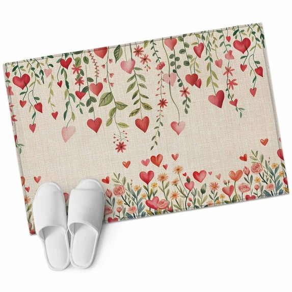 Valentine's Day Washable Area Rug 2 x 3 ft Red Pink Love Heart Colorful Floral Linen Texture, Soft Non Slip Rugs Stain Repellent Indoor Felt Carpet for Living Dining Room Bedroom Home Office