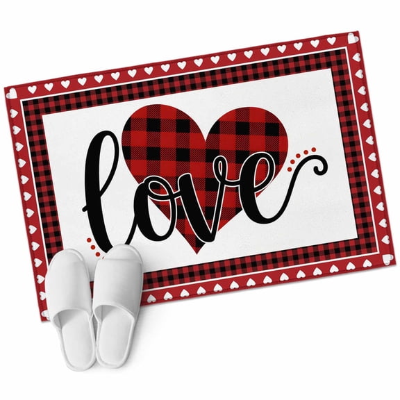 Valentine's Day Washable Area Rug 2 x 3 ft Romantic Red Buffalo Plaid Love Heart Border, Soft Non Slip Rugs Stain Repellent Indoor Felt Carpet for Living Dining Room Bedroom Home Office