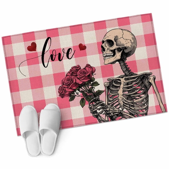 Valentine's Day Washable Area Rug 2 x 3 ft Skull Rose Love, Soft Non Slip Rugs Stain Repellent Indoor Felt Carpet for Living Dining Room Bedroom Home Office