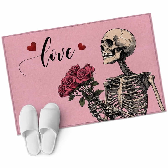 Valentine's Day Washable Area Rug 2 x 3 ft Skull Rose Love, Soft Non Slip Rugs Stain Repellent Indoor Felt Carpet for Living Dining Room Bedroom Home Office