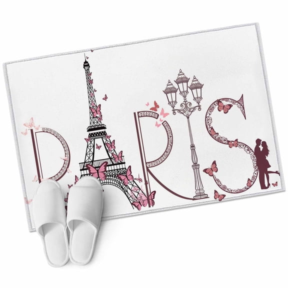 Valentine's Day Washable Area Rug 2 x 3 ft Sweet Couple under Paris Tower Eiffel Pink Butterfly, Soft Non Slip Rugs Stain Repellent Indoor Felt Carpet for Living Dining Room Bedroom Home Office