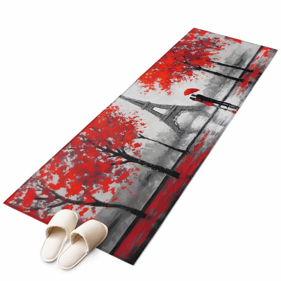 Valentine's Day Washable Area Rug 2 x 6 ft Rainy Couple under Red Umbrella Paris Eiffel Tower Red Trees, Soft Non Slip Rugs Stain Repellent Indoor Felt Carpet for Living Dining Room Home Office
