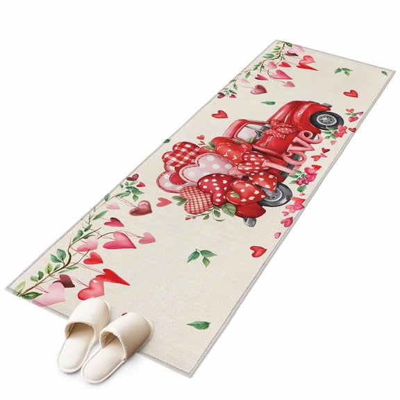 Valentine's Day Washable Area Rug 2 x 6 ft Red Heart Balloon Truck Love Tree Retro Linen, Soft Non Slip Rugs Stain Repellent Indoor Felt Carpet for Living Dining Room Bedroom Home Office