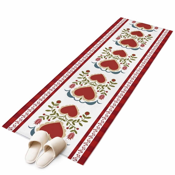 Valentine's Day Washable Area Rug 2 x 6 ft Red Love Shape Flowers Green Leaf Striped, Soft Non Slip Rugs Stain Repellent Indoor Felt Carpet for Living Dining Room Bedroom Home Office