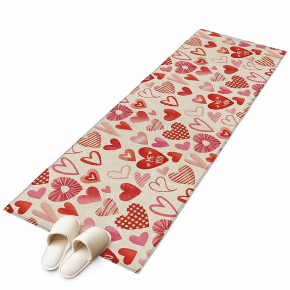 Valentine's Day Washable Area Rug 2 x 6 ft Vintage Red Stripes Plaid Love Heart Linen Texture, Soft Non Slip Rugs Stain Repellent Indoor Felt Carpet for Living Dining Room Bedroom Home Office