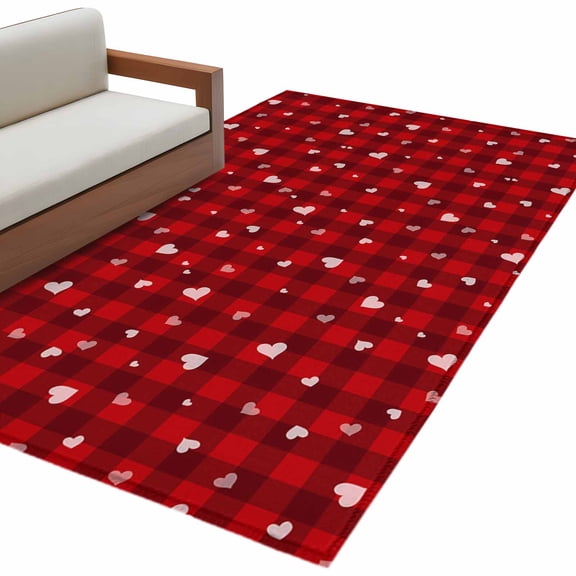Valentine's Day Washable Area Rug 3 x 5 ft Modern Romantic White Pink Love Heart Red Buffalo Plaid, Soft Non Slip Rugs Stain Repellent Indoor Felt Carpet for Living Dining Room Bedroom Home Office
