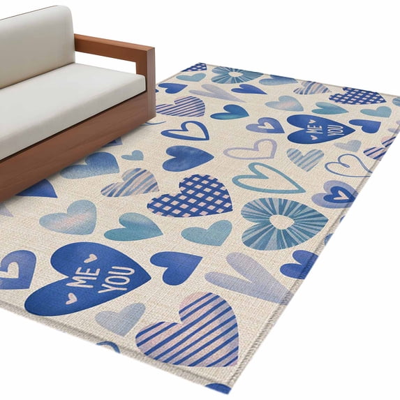 Valentine's Day Washable Area Rug 3 x 5 ft Vintage Blue Stripes Plaid Love Heart Linen Texture, Soft Non Slip Rugs Stain Repellent Indoor Felt Carpet for Living Dining Room Bedroom Home Office