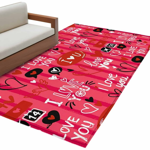 Valentine's Day Washable Area Rug 3 x 5 ft Watercolor Red Stripes Love Envelope, Soft Non Slip Rugs Stain Repellent Indoor Felt Carpet for Living Dining Room Bedroom Home Office