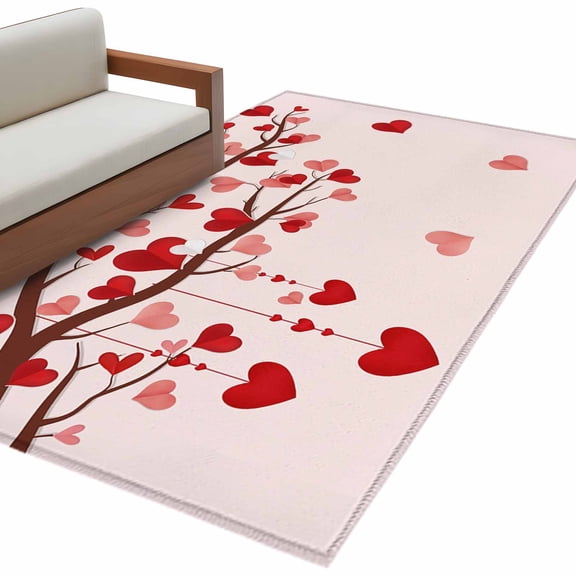 Valentine's Day Washable Area Rug 4 x 6 ft Red Love Tree Heart Petal Pink Ombre Romantic, Soft Non Slip Rugs Stain Repellent Indoor Felt Carpet for Living Dining Room Bedroom Home Office