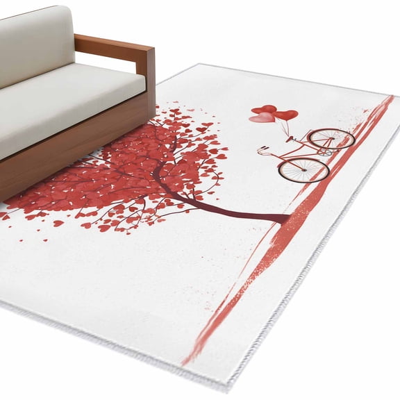 Valentine's Day Washable Area Rug 4 x 6 ft Red Love Trees Bicycles Balloons Modern Art, Soft Non Slip Rugs Stain Repellent Indoor Felt Carpet for Living Dining Room Bedroom Home Office