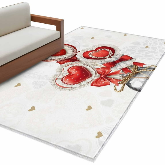 Valentine's Day Washable Area Rug 4 x 6 ft Romantic Red White Bowknot Lace Love Heart Candy Vase, Soft Non Slip Rugs Stain Repellent Indoor Felt Carpet for Living Dining Room Bedroom Home Office