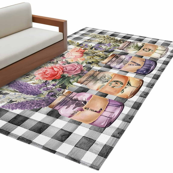 Valentine's Day Washable Area Rug 4 x 6 ft Roses Lavender Love Glass Vase Black Plaid, Soft Non Slip Rugs Stain Repellent Indoor Felt Carpet for Living Dining Room Bedroom Home Office