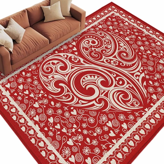 Valentine's Day Washable Area Rug 5 x 7 ft Abstract Boho Romantic Floral Leaf Dark Red Love Heart, Soft Non Slip Rugs Stain Repellent Indoor Felt Carpet for Living Dining Room Bedroom Home Office