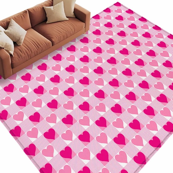 Valentine's Day Washable Area Rug 5 x 7 ft Heart Shaped Plaid, Soft Non Slip Rugs Stain Repellent Indoor Felt Carpet for Living Dining Room Bedroom Home Office