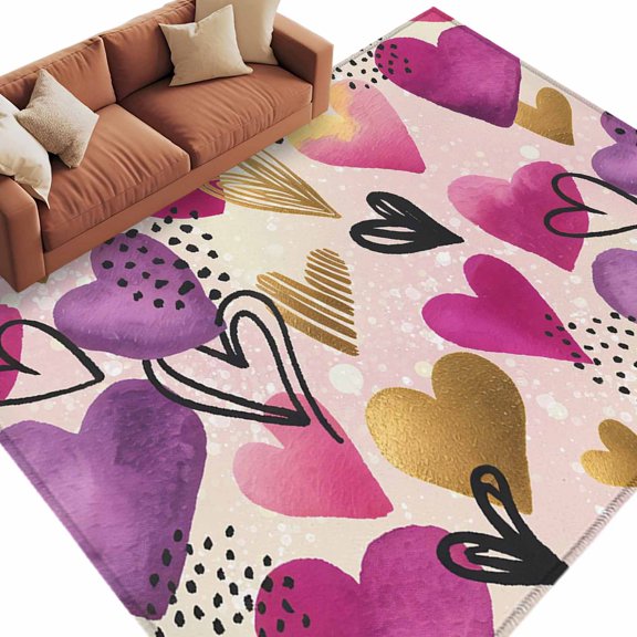 Valentine's Day Washable Area Rug 5 x 7 ft Love Heart Romantic Simple Pink Purple Red Love, Soft Non Slip Rugs Stain Repellent Indoor Felt Carpet for Living Dining Room Bedroom Home Office