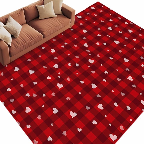 Valentine's Day Washable Area Rug 5 x 7 ft Modern Romantic White Pink Love Heart Red Buffalo Plaid, Soft Non Slip Rugs Stain Repellent Indoor Felt Carpet for Living Dining Room Bedroom Home Office