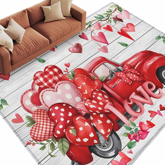 Valentine's Day Washable Area Rug 5 x 7 ft Red Heart Balloon Truck Love Tree Grey Wooden, Soft Non Slip Rugs Stain Repellent Indoor Felt Carpet for Living Dining Room Bedroom Home Office