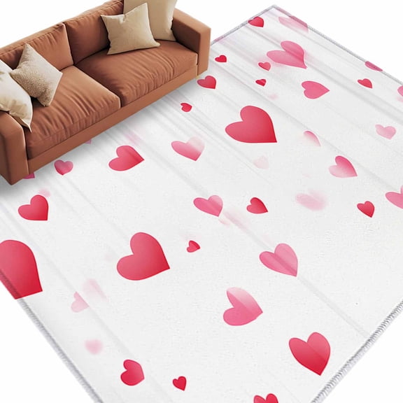 Valentine's Day Washable Area Rug 5 x 7 ft Romantic Pink Falling Love Dreamy Gradient Heart, Soft Non Slip Rugs Stain Repellent Indoor Felt Carpet for Living Dining Room Bedroom Home Office